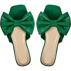 image:imageGORGLITTER Womens Bow Flat Sandals Dressy Square Open Toe Wedding Dress Summer 2026 Comfortable Slip On Slide SandalsDark Green
