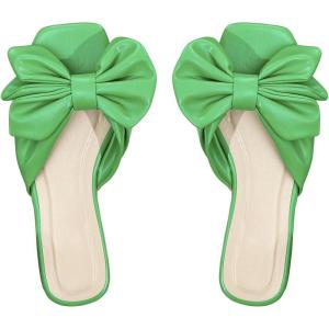 image:imageGORGLITTER Womens Bow Flat Sandals Dressy Square Open Toe Wedding Dress Summer 2026 Comfortable Slip On Slide SandalsGreen