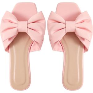 image:imageGORGLITTER Womens Bow Flat Sandals Dressy Square Open Toe Wedding Dress Summer 2026 Comfortable Slip On Slide SandalsPink