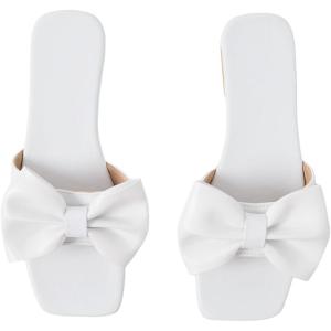 image:imageGORGLITTER Womens Bow Flat Sandals Dressy Square Open Toe Wedding Dress Summer 2026 Comfortable Slip On Slide SandalsSolid White