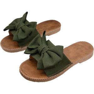 image:imageGORGLITTER Womens Bow Knot Flat Sandals Open Toe Slip On Slide Slipper Single Band FlatsArmy Green