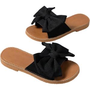 image:imageGORGLITTER Womens Bow Knot Flat Sandals Open Toe Slip On Slide Slipper Single Band FlatsBlack Bow