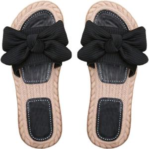 image:imageGORGLITTER Womens Bow Knot Flat Sandals Open Toe Slip On Slide Slipper Single Band FlatsLight Black