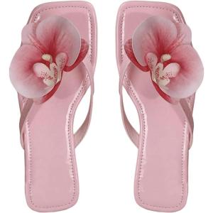 image:imageGORGLITTER Womens Flower Flat Sandals Cute Square Toe Flip Flops Thong Dressy Vacation Summer 2026 Slides ShoesHot Pink