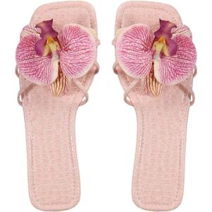 image:imageGORGLITTER Womens Flower Flat Sandals Cute Square Toe Flip Flops Thong Dressy Vacation Summer 2026 Slides ShoesPink Florals