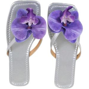 image:imageGORGLITTER Womens Flower Flat Sandals Cute Square Toe Flip Flops Thong Dressy Vacation Summer 2026 Slides ShoesSilver