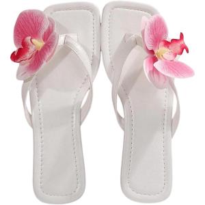 image:imageGORGLITTER Womens Flower Flat Sandals Cute Square Toe Flip Flops Thong Dressy Vacation Summer 2026 Slides ShoesWhite