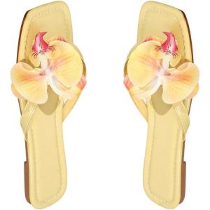 image:imageGORGLITTER Womens Flower Flat Sandals Cute Square Toe Flip Flops Thong Dressy Vacation Summer 2026 Slides ShoesYellow Flower
