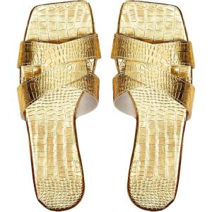image:imageGORGLITTER Womens Gold Flats Sandals Trendy Strappy Summer Beach Vacation Square Open Toe H Band Slide Sandals 2026Pure Gold