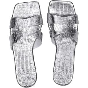 image:imageGORGLITTER Womens Gold Flats Sandals Trendy Strappy Summer Beach Vacation Square Open Toe H Band Slide Sandals 2026Silver