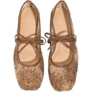 image:imageGORGLITTER Womens Lace Embroidery Ballet Flats Elegant Square Toe Flat ShoesBrown