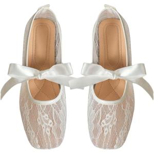 image:imageGORGLITTER Womens Lace Embroidery Ballet Flats Elegant Square Toe Flat ShoesWhite Bow