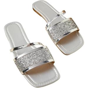 image:imageGORGLITTER Womens Sparkly Flat Sandals Square Open Toe Metallic Slip On Sandals Dressy 2026 TrendySilver