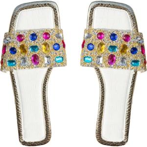 image:imageGORGLITTER Womens Sparkly Summer Sandals 2026 Rhinestone Bling Rainbow Square Toe Wedding Flats Slides ShoesWhite