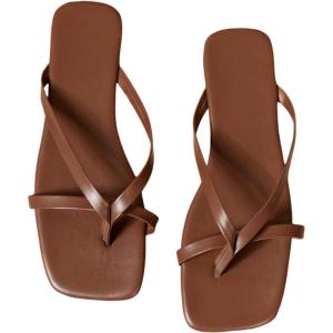 image:imageGORGLITTER Womens Strappy Square Toe Thong Sandals Dressy Summer Cute Vacation Beach Comfortable Flip Flops Slide Shoes 2026Brown