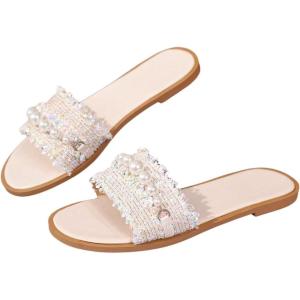 image:imageGORGLITTER Womens Summer Beach Vacation Slides Sandals Dressy Cute Summer Boho Pearls Square Toe Slip On Flats SlipperWhite Beige