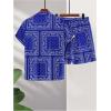 image:imageGORGLITTER Mens 2 Piece Boho Tracksuit Paisley Print Button Down Shirt and Shorts Vacation SetsBlue