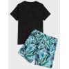image:imageGORGLITTER Mens 2 Piece Short Sleeve Graphic Tee Hawaiian Printed Drawstring Shorts SetBlack and Green