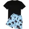 image:imageGORGLITTER Mens 2 Piece Short Sleeve Graphic Tee Hawaiian Printed Drawstring Shorts SetBlack and Light Blue