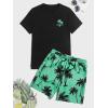 image:imageGORGLITTER Mens 2 Piece Short Sleeve Graphic Tee Hawaiian Printed Drawstring Shorts SetBlack and Mint Green