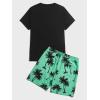 image:imageGORGLITTER Mens 2 Piece Short Sleeve Graphic Tee Hawaiian Printed Drawstring Shorts SetBlack and Mint Green