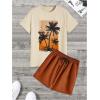 image:imageGORGLITTER Mens Casual Outfits Short Sleeve Graphic Tees and Drawstring Waist Pocket Track Shorts Tracksuit SetApricot