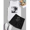 image:imageGORGLITTER Mens Letter Graphic Round Neck Tank Top and Drawstring Pockets Track Shorts SetBlack and White