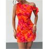 image:imageGORGLITTER Womens Asymmetrical Hem Bodycon Mini Dress Tie One Shoulder Floral Sleeveless Wedding Guest Pencil Short DressesOrange