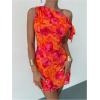 image:imageGORGLITTER Womens Asymmetrical Hem Bodycon Mini Dress Tie One Shoulder Floral Sleeveless Wedding Guest Pencil Short DressesOrange