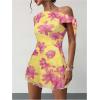 image:imageGORGLITTER Womens Asymmetrical Hem Bodycon Mini Dress Tie One Shoulder Floral Sleeveless Wedding Guest Pencil Short DressesYellow