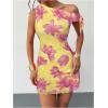image:imageGORGLITTER Womens Asymmetrical Hem Bodycon Mini Dress Tie One Shoulder Floral Sleeveless Wedding Guest Pencil Short DressesYellow