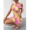 image:imageGORGLITTER Womens Asymmetrical Hem Bodycon Mini Dress Tie One Shoulder Floral Sleeveless Wedding Guest Pencil Short DressesYellow