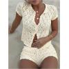 image:imageGORGLITTER Womens Crochet Short Sets Short Sleeve Button Down Cardigan Top and Shorts Vacation OutfitsBeige