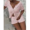 image:imageGORGLITTER Womens Crochet Short Sets Short Sleeve Button Down Cardigan Top and Shorts Vacation OutfitsPink