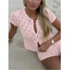 image:imageGORGLITTER Womens Crochet Short Sets Short Sleeve Button Down Cardigan Top and Shorts Vacation OutfitsPink