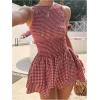 image:imageGORGLITTER Womens Gingham Mini Dress Cute Tiered Ruffle Hem Smocked Plaid A Line Vacation Short Tank DressesRed