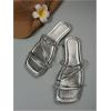 image:imageGORGLITTER Womens Metallic Strappy Flats Sandal Dressy Cute Open Toe Slip on Slides Summer Vacation Beach Sandals 2025Silver