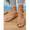 image:imageGORGLITTER Womens Pearl Strappy Flat Sandals Wedding Sandals for Bride Beaded Ankle Strap Toe Ring Slip on Slides Summer VacationBrown