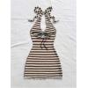 image:imageGORGLITTER Womens Vacation Outfit Crochet Halter Knit Bubble Mini Dress Sexy Beach Cruise Summer Miami Resort OutfitsBrown and White