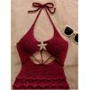 image:imageGORGLITTER Womens Vacation Outfit Crochet Halter Knit Bubble Mini Dress Sexy Beach Cruise Summer Miami Resort OutfitsBurgundy