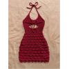 image:imageGORGLITTER Womens Vacation Outfit Crochet Halter Knit Bubble Mini Dress Sexy Beach Cruise Summer Miami Resort OutfitsBurgundy