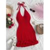 image:imageGORGLITTER Womens Vacation Outfit Crochet Halter Knit Bubble Mini Dress Sexy Beach Cruise Summer Miami Resort OutfitsRed