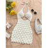image:imageGORGLITTER Womens Vacation Outfit Crochet Halter Knit Bubble Mini Dress Sexy Beach Cruise Summer Miami Resort OutfitsWhite Textured