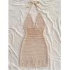 image:imageGORGLITTER Womens Vacation Outfits Crochet Halter Mini Dress Summer Beach Bow Tie Backless Bodycon Knit Festival SundressApricot