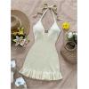 image:imageGORGLITTER Womens Vacation Outfits Crochet Halter Mini Dress Summer Beach Bow Tie Backless Bodycon Knit Festival SundressBeige