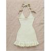 image:imageGORGLITTER Womens Vacation Outfits Crochet Halter Mini Dress Summer Beach Bow Tie Backless Bodycon Knit Festival SundressBeige