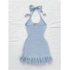 image:imageGORGLITTER Womens Vacation Outfits Crochet Halter Mini Dress Summer Beach Bow Tie Backless Bodycon Knit Festival SundressBlue