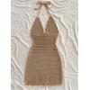 image:imageGORGLITTER Womens Vacation Outfits Crochet Halter Mini Dress Summer Beach Bow Tie Backless Bodycon Knit Festival SundressKhaki