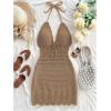 image:imageGORGLITTER Womens Vacation Outfits Crochet Halter Mini Dress Summer Beach Bow Tie Backless Bodycon Knit Festival SundressKhaki