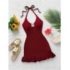 image:imageGORGLITTER Womens Vacation Outfits Crochet Halter Mini Dress Summer Beach Bow Tie Backless Bodycon Knit Festival SundressPlain Burgundy
